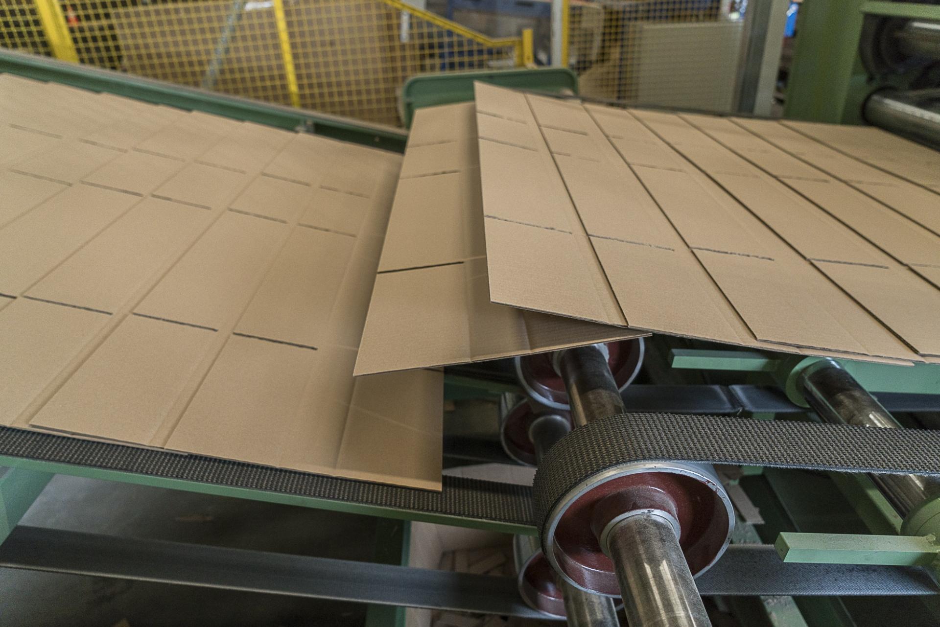 Kartonnen platen worden op maat gesneden en gevouwen op een productielijn in de fabriek.