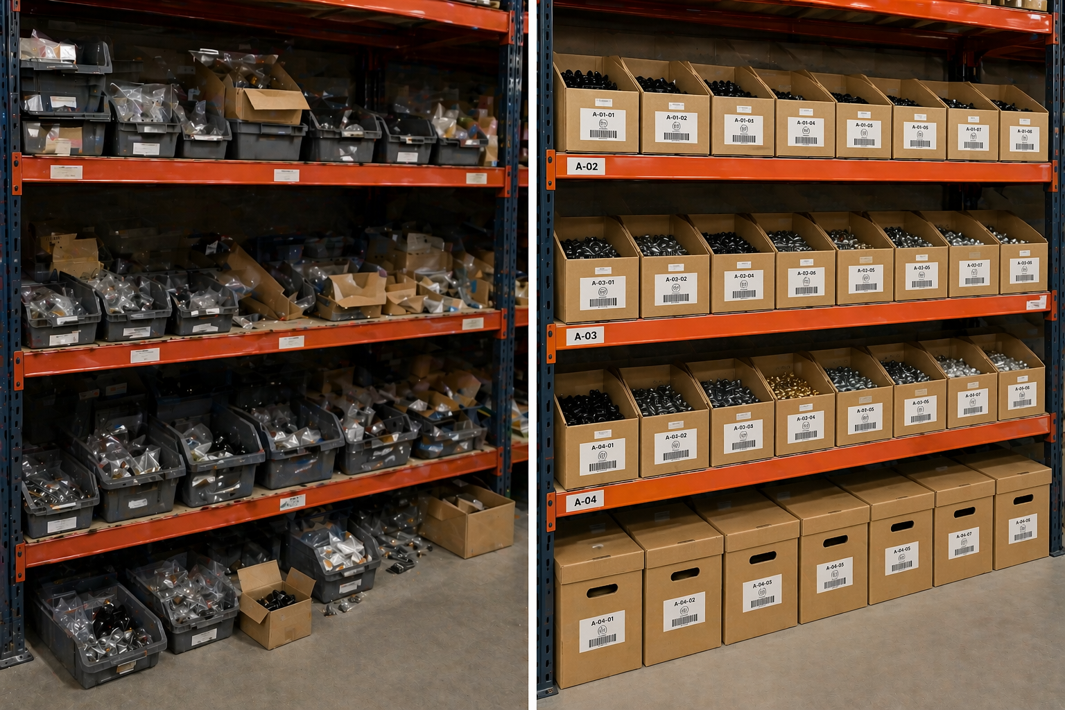 Stelling geordend met kartonnen magazijnbakken