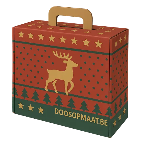 Postdoos met handvat met rendier bedrukking als goodiebox, kerstpakket of relatiegeschenk | Doosopmaat.be