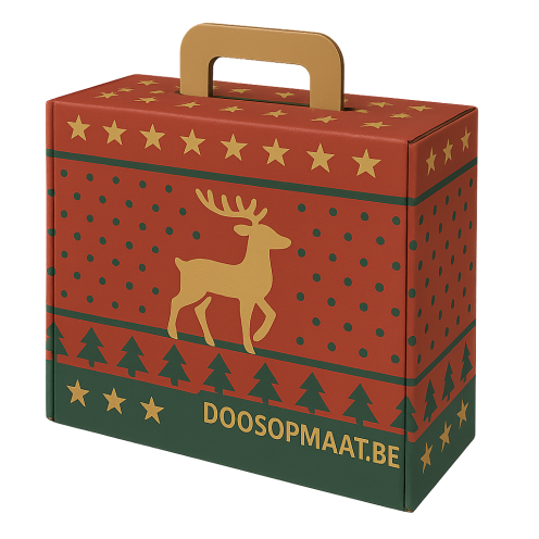 Postdoos met handvat met rendier bedrukking als goodiebox, kerstpakket of relatiegeschenk | Doosopmaat.be