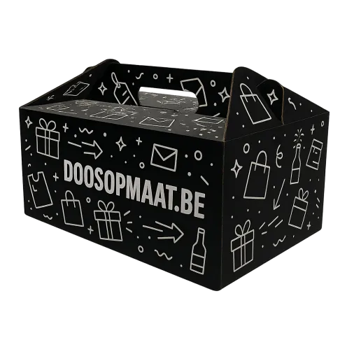 Kofferdoos zwart karton met witte bedrukking als goodiebox, kerstpakket of relatiegeschenk | Doosopmaat.be