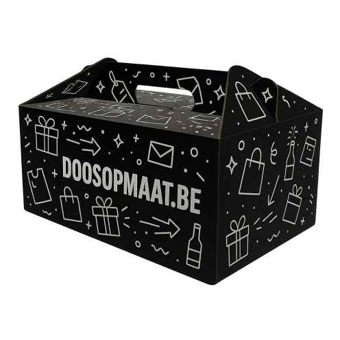 Kofferdoos zwart karton met witte bedrukking als goodiebox, kerstpakket of relatiegeschenk | Doosopmaat.be