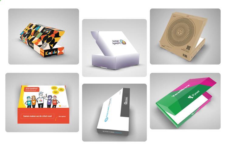 Voorbeelden van bedrukte dozen op maat in verschillende formaten en designs.