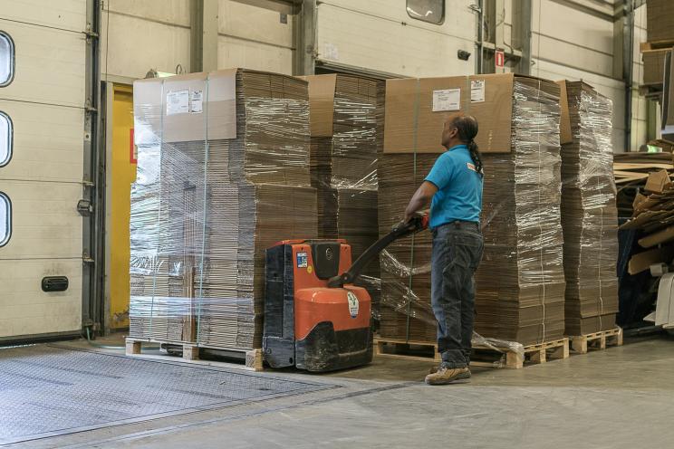 Medewerker verplaatst gestapelde kartonnen dozen op pallets met een elektrische palletwagen in de productiehal.