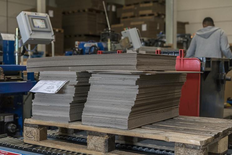 Gestapelde kartonnen plano’s op een pallet in de productiehal, klaar voor verdere verwerking tot dozen op maat.